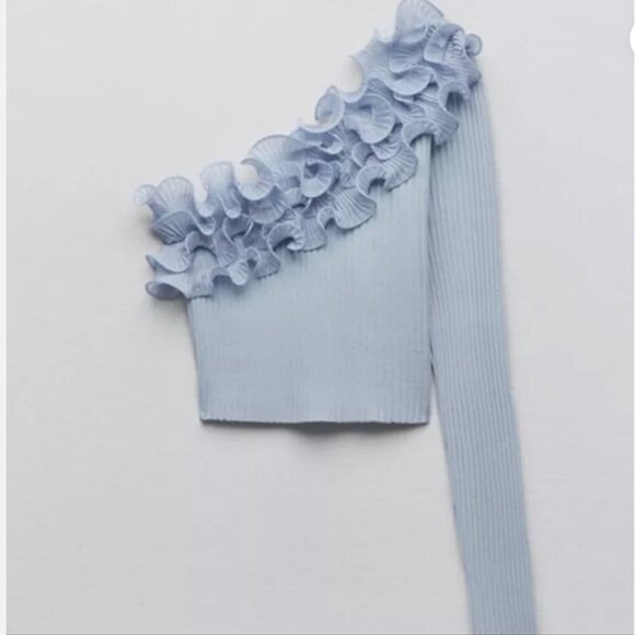 Zara Tops - ZARA Flower Top Knit Blouse One Sleeve Asymmetric Top Size L ,Color Blue NWT